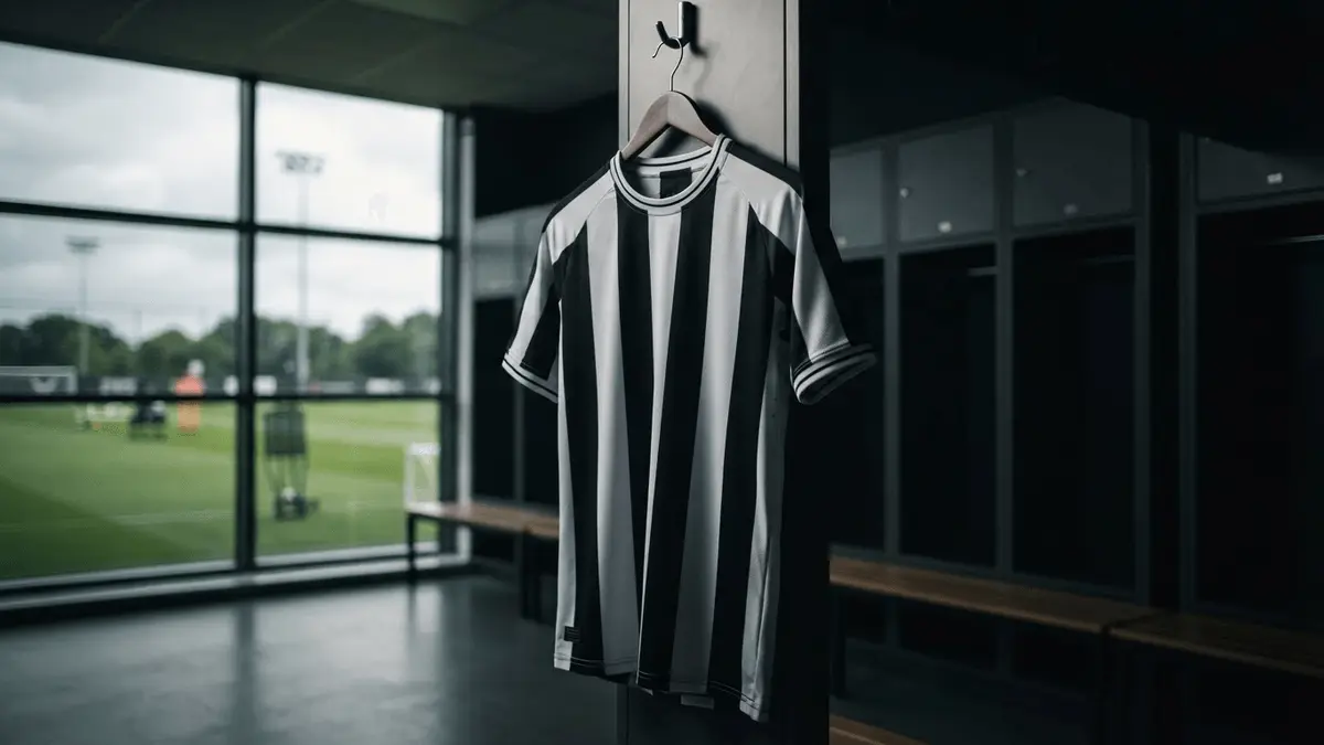 Black and white striped football jersey in professional locker room with training ground background