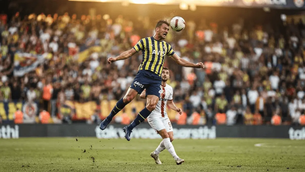 Football defender in yellow-blue jersey making defensive header in stadium