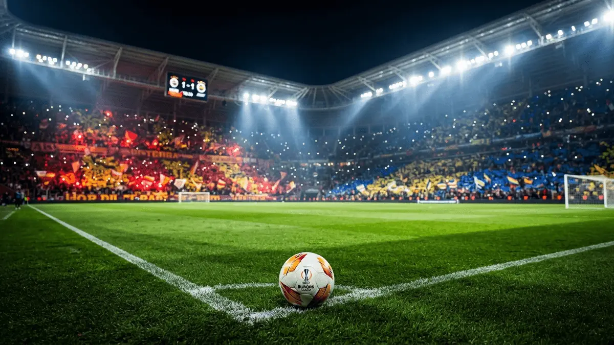 Turkish football stadium lit up at night celebrating European success