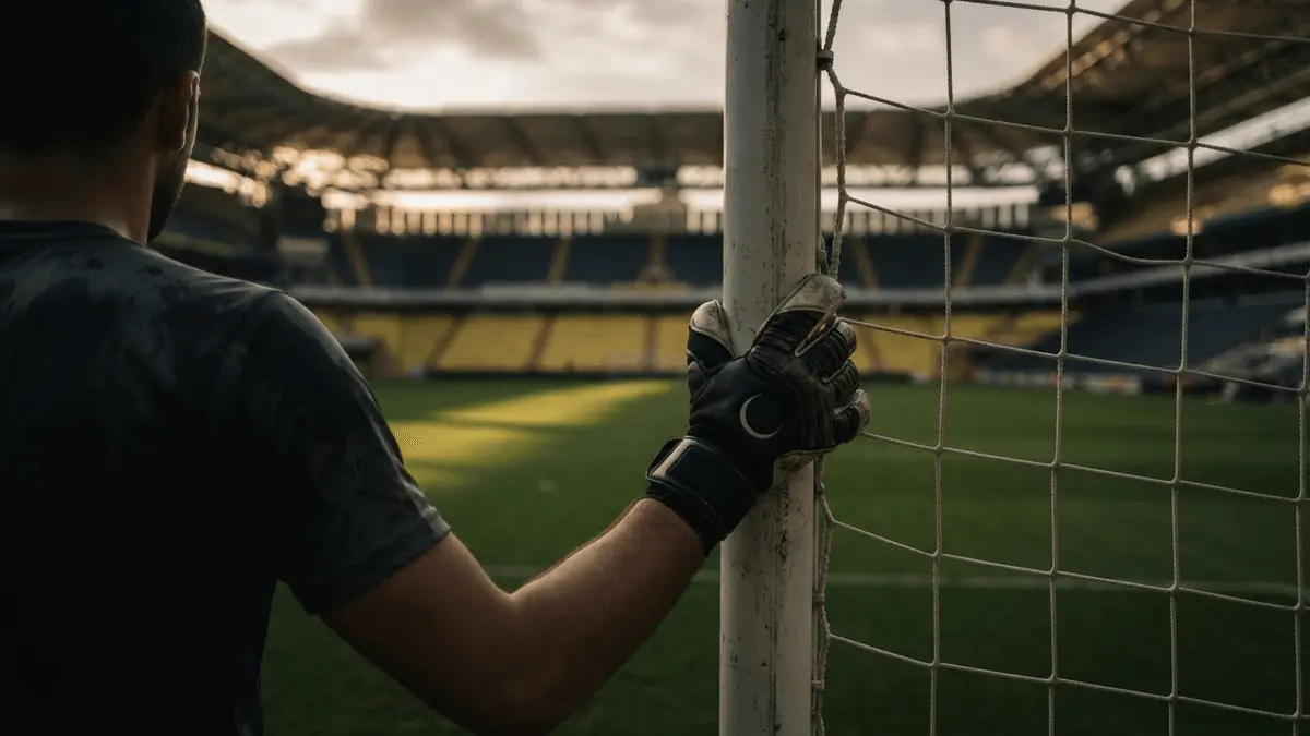 Goalkeeper gloves on goalpost in Turkish football stadium representing transfer decision