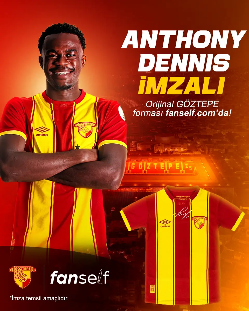 Anthony Dennis wearing a red and yellow striped Göztepe jersey, with a second jersey shown beside him.