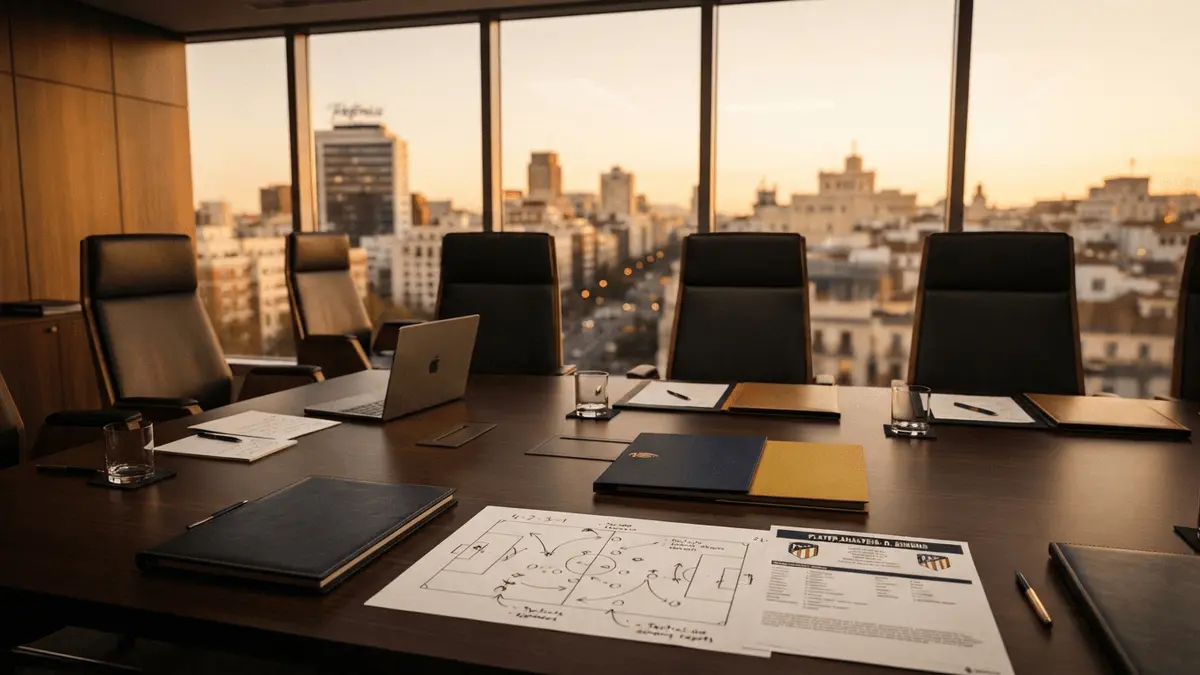 Modern boardroom in Madrid set for critical football transfer negotiations with tactical diagrams