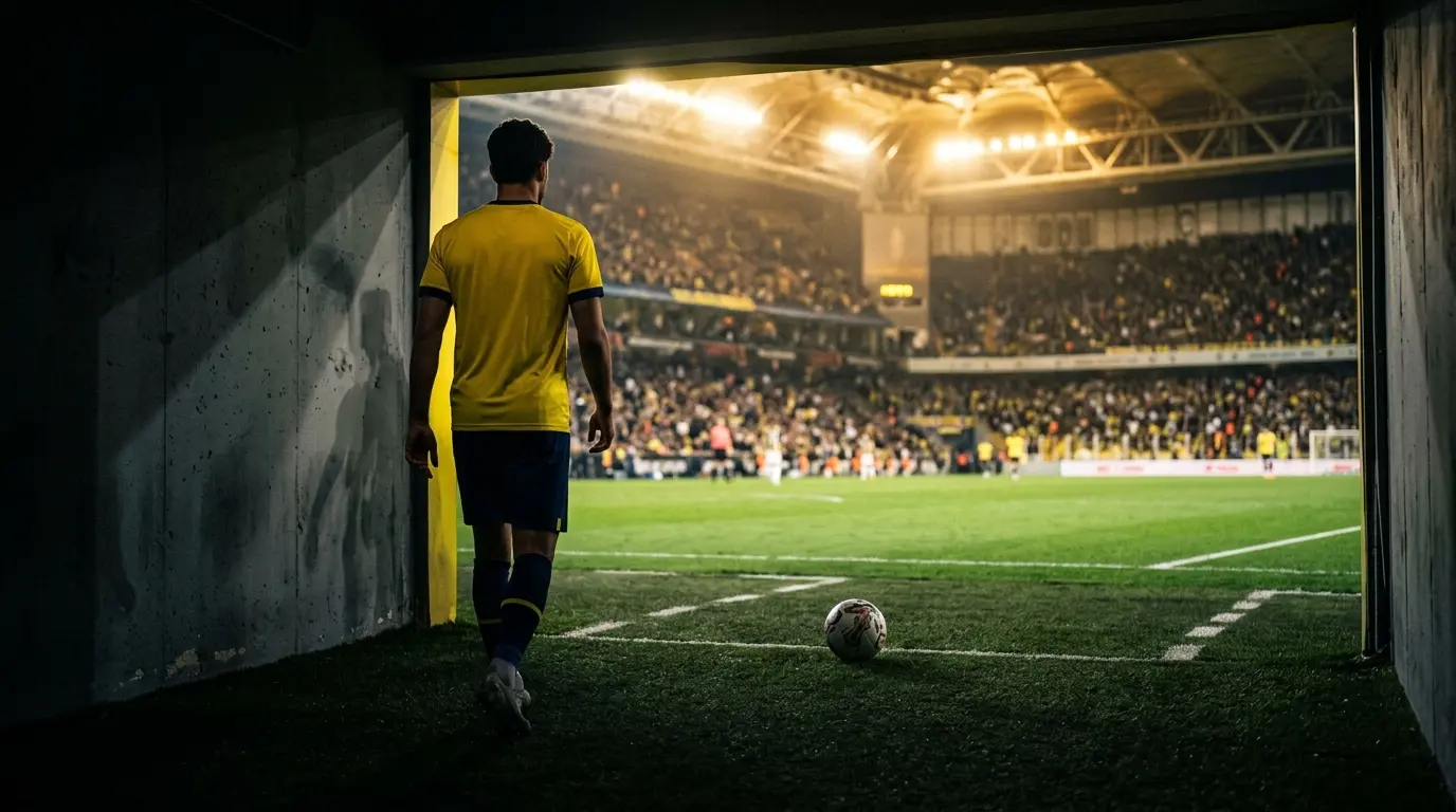 Young central defender entering a floodlit stadium in yellow and navy, symbolizing a potential Fenerbahçe transfer.