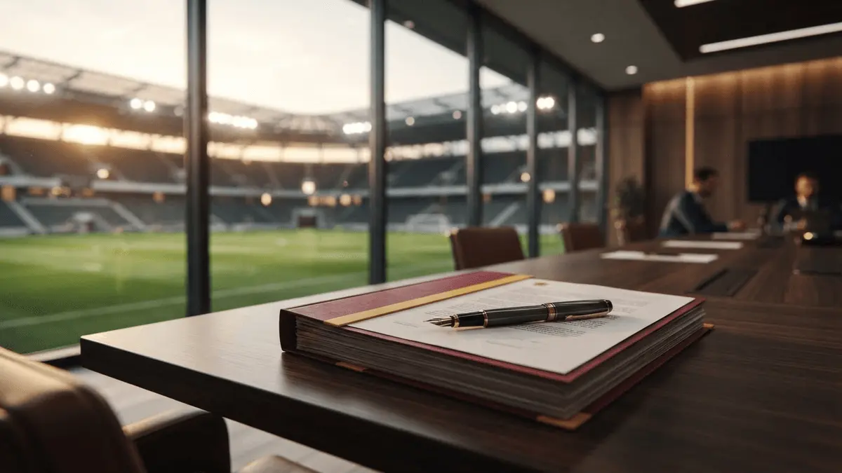 Football transfer contract negotiation scene with Galatasaray colors and stadium view
