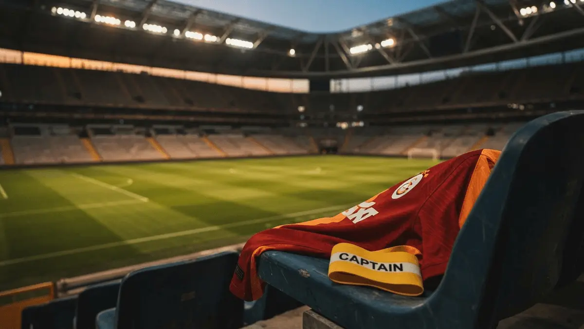 Galatasaray jersey and captain's armband in stadium with tactical pitch markings at golden hour