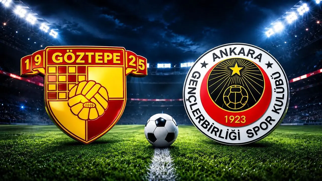 Göztepe and Gençlerbirliği football club logos facing each other with a soccer ball on a stadium pitch.