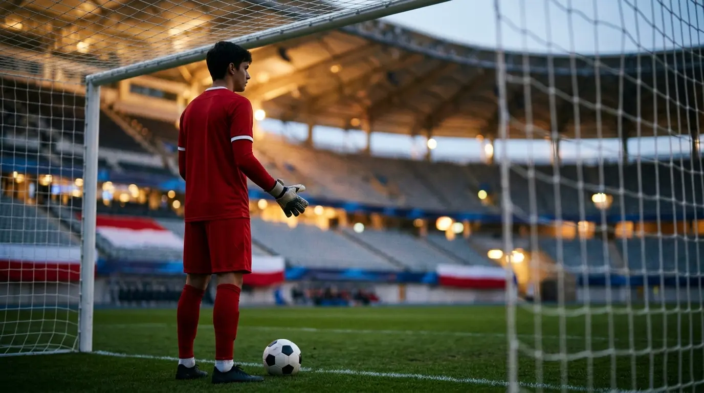 Young goalkeeper celebrating a Turkish U20 national team call-up inside a football stadium