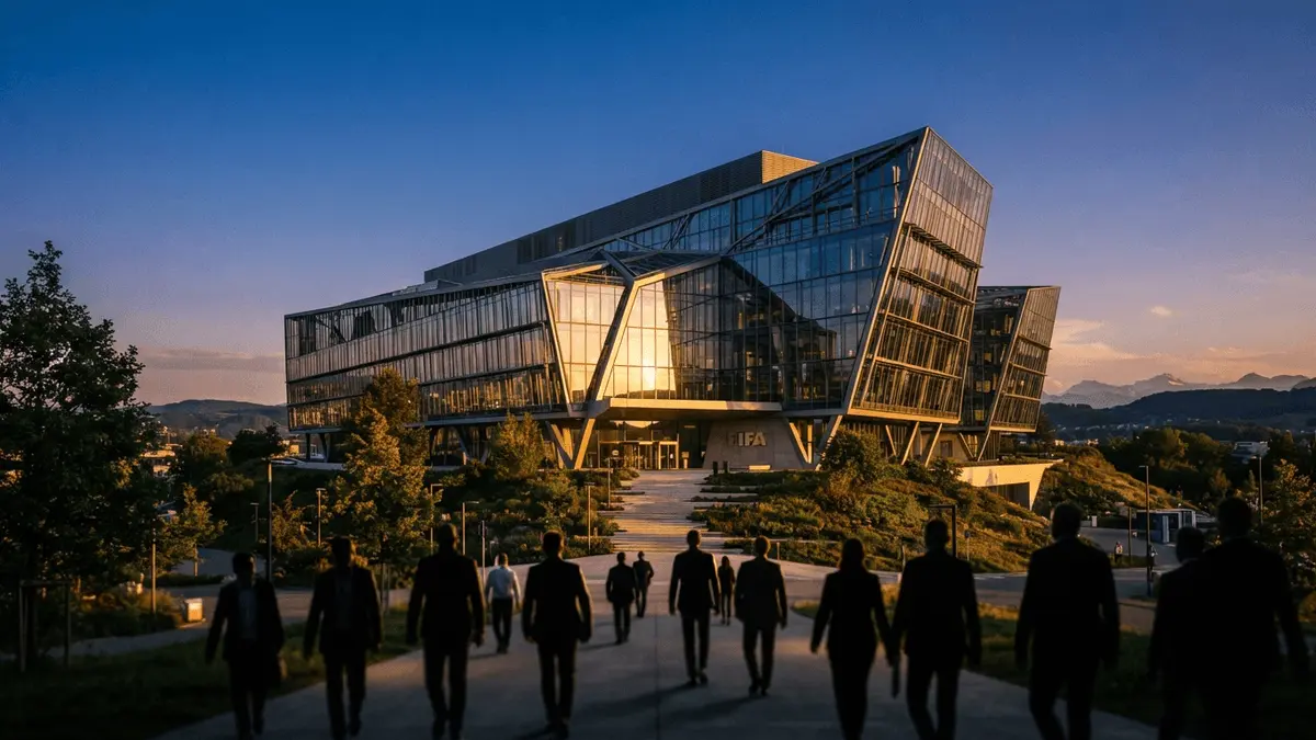 FIFA headquarters building in Zurich with silhouetted figures walking toward entrance at golden hour