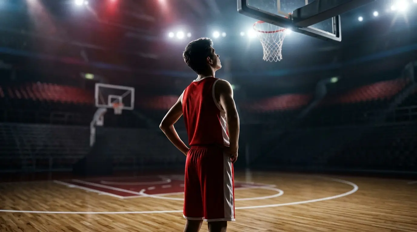 Young Turkish basketball prospect in a national-team arena facing a basketball hoop