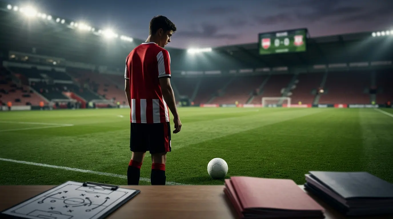 Bilal El Khannouss-inspired midfielder on a floodlit pitch amid a tense football transfer negotiation