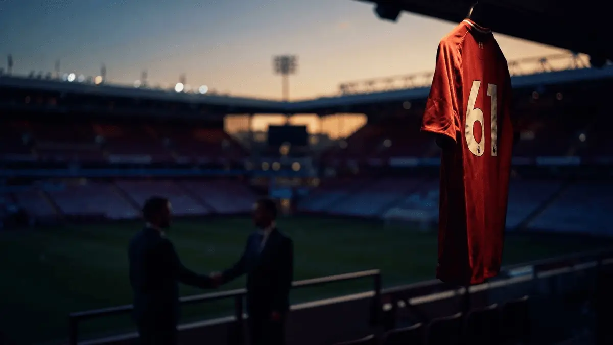 Football jersey spotlit in stadium with sponsorship meeting silhouettes in background