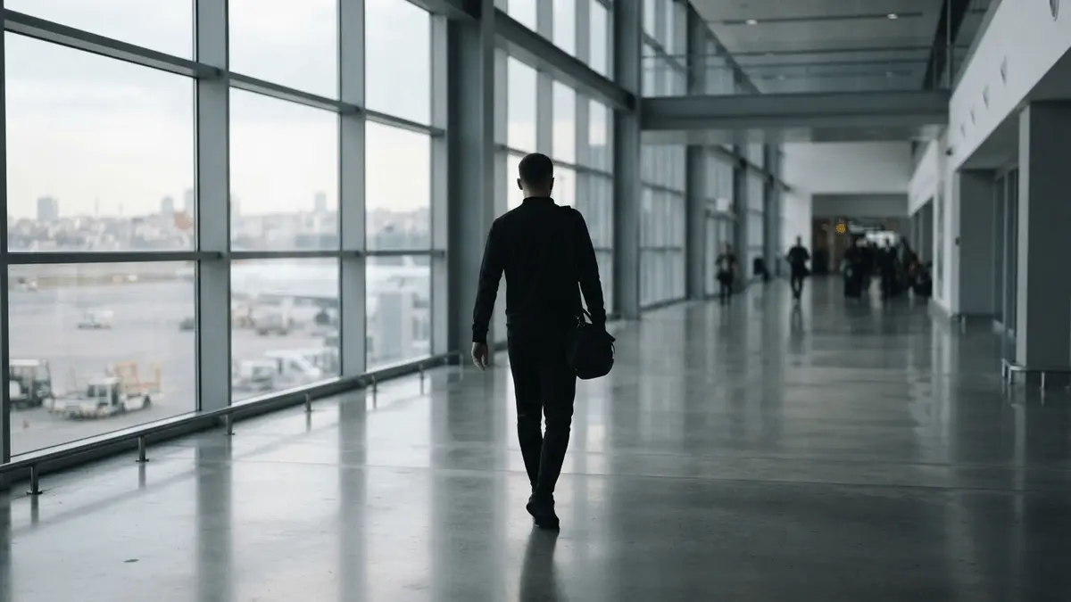 Silhouetted football striker arriving at an Istanbul airport before a transfer signing