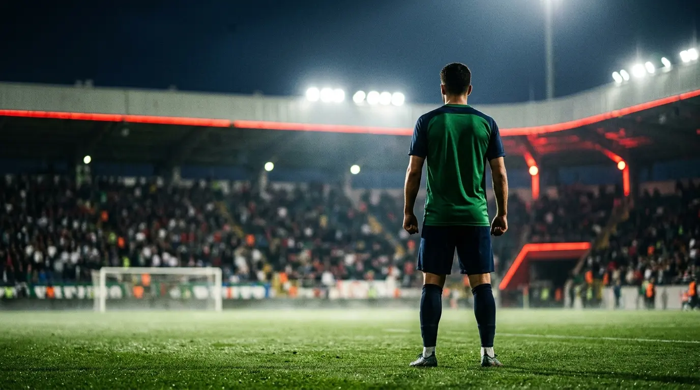 Çaykur Rizesporlu futbolcunun Eyüpspor maçı öncesi sahaya odaklandığı atmosferik futbol görüntüsü