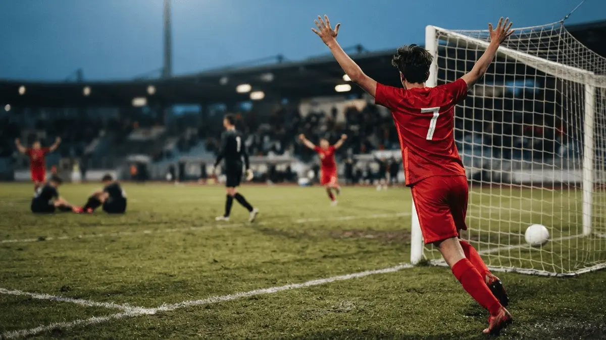 Türkiye U15 oyuncusunun finaldeki gol sonrası şampiyonluk sevincini gösteren futbol sahnesi