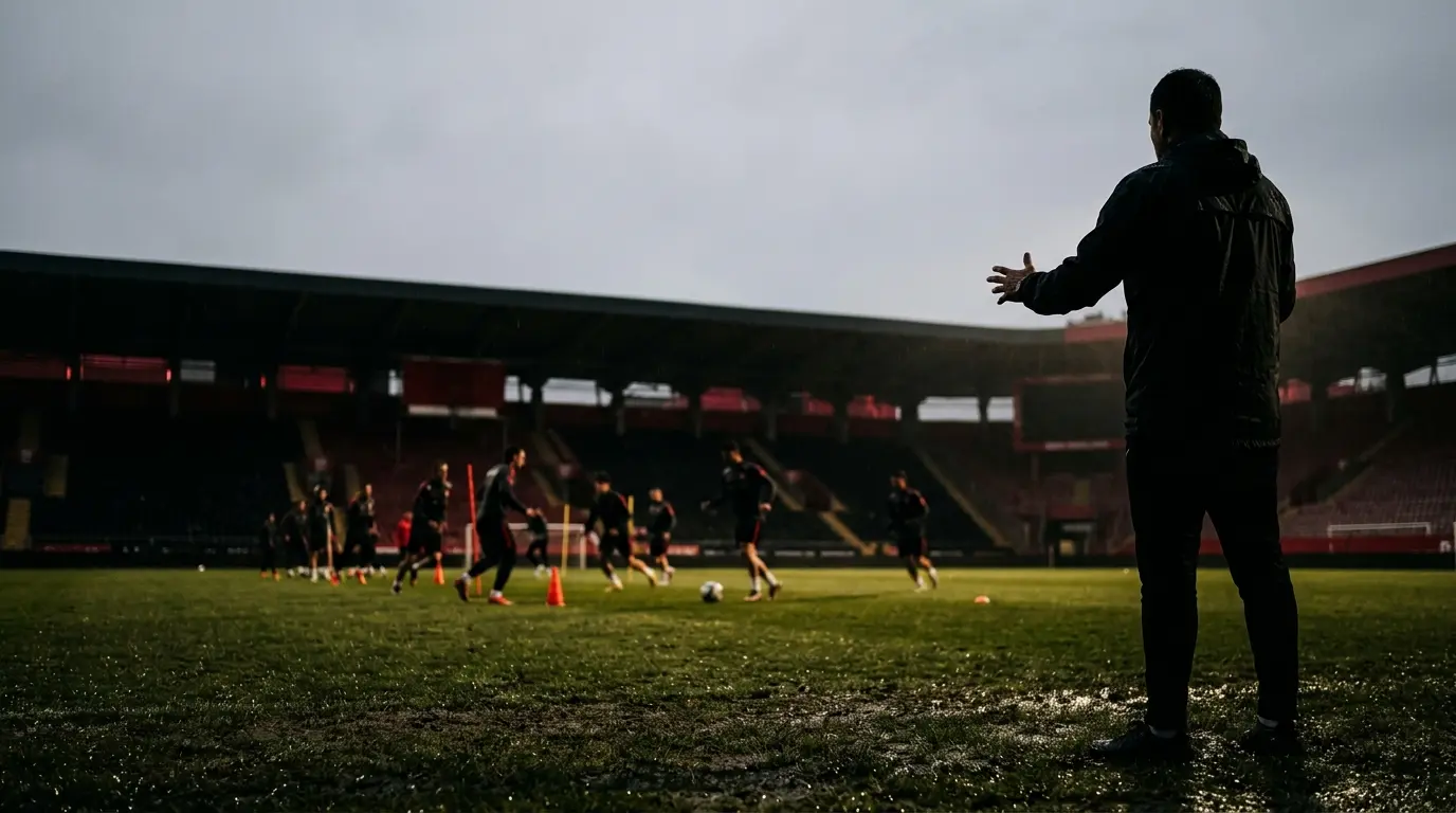 Unidentified football coach directing training under floodlights before a Gaziantep FK match