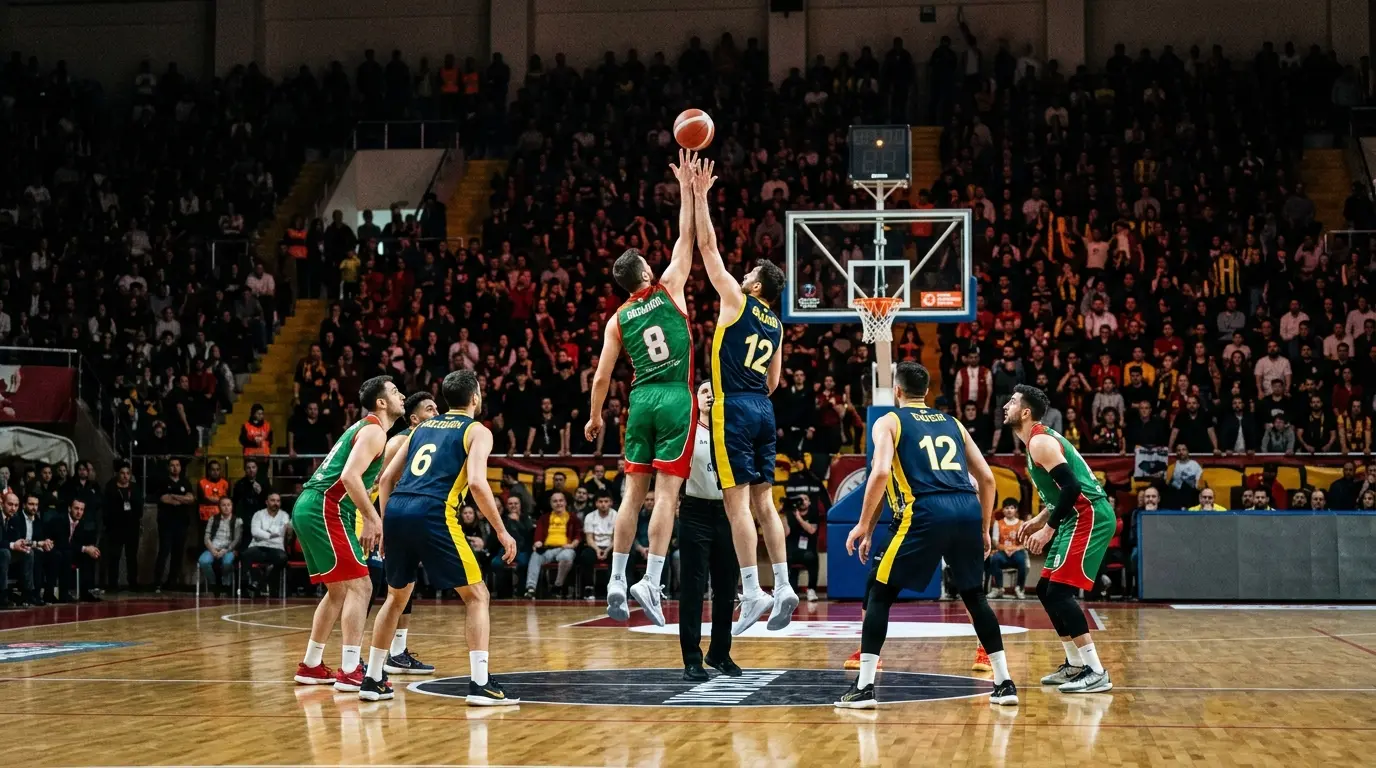 Yalova Haremspor and Ankaragücü basketball teams prepare for a season-opening game in an indoor arena